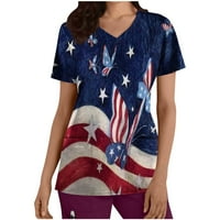 Odeerbi 4. juli Patriotski piling vrhovi za žene Dan nezavisnosti Štampana radna odjeća sa džepom kratkih rukava V-izrez MAJICA tamnoplava