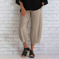 Cleariance ženske ljetne casual labave pamučne i posteljine čvrste boje hlače široke noge Beige XL