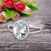 2. Carat 8x ovalni oblik Plavi dragulj sa Split Shank Halo Dizajn Aquamarine Angažman prsten Vjenčanje prsten Poklon na 10k bijelo zlato