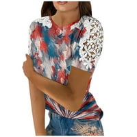 MLQIDK Američka zastava košulju za žene čipke kratkih rukava kratkih rukava 4. srpnja okrugli vrat T majice Ljetni casual vrhovi, višebojni xl