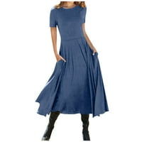 Huai trendy haljine ženske casual kratkih rukava CREW CART COLL Color Swing haljina Boho preklopna haljina sa džepnim večernjim haljinama Plavi s