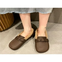 Eloshman ženske mokasinske papuče Topla FAU krznena obložena papuče u zatvorenim i vanjskim mokasinama kliznu na loafers cipele tamno smeđe boje 4.5
