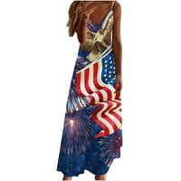 Lovskoo Ženske dame 4. jula vrhovi američke zastave zvijezde Top sunčeve haljine ljetni stil Dan nezavisnosti Štampani kaiš V-izrez crni