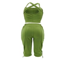 REJLUN Žene dvije outfit V izrez Dukset Solid Color Jogger Set Lable Fit Lounge setovi sa džepovima Sportska vojska Zelena s