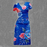 Ljetna haljina za čišćenje ženskog tiska s kratkim rukavima V-izrez dugačka haljina plava