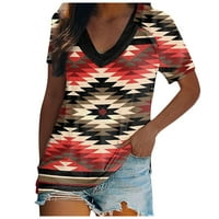 Amousa Women Retro Print Tribe Geometrijski print V-izrez Majica s kratkim rukavima Top Bluuses Thirts Majice za žene
