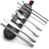 Putni pribor za pribor sa futrolom, prijenosni pribor za jelo, kampiranje, 8-komad, uključujući nož za nož kašičice štapići za čišćenje četkica za čišćenje slamke s kabinom za ručak - 8-komad srebra