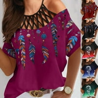 Ženski vrhovi labavi šuplji okrugli vrat pad ramena kratki rukav casual pulover Print majica