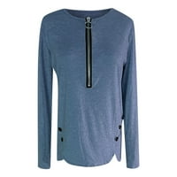 Ženska bluza Labave košulje gumbi sa čvrstim bojama Zipper V-izrez Loose Majica Top dugih rukava plus veličine za žene Tunički pulover Duks plavi m