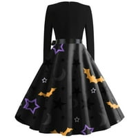 Crne haljine za žene Gotic Goth Halloween Print Flare za zabavu s dugim rukavima povremeni božićni crni m