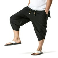 Muške vrećaste posteljine Capri hlače, casual pamučna labava crtač harem joga dugih kratkih hlača sa džepovima