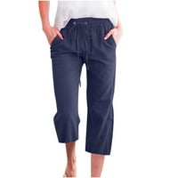 Ženske hlače elastične struke s džepom ljetne modne hlače za dame casual labave hlače pamučna posteljina dugačka boja, plavi xxl