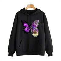 Hanzidakd ženske dukseve ženske ležerne leptir ispisuju pulover džep s kapuljačom dugih rukava dukseri pulover majice crna 2xl