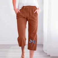 Ženske pamučne hlače casual tiskane vučne strugove elastične hlače od elastične strugove ravno obrezane široke noge lane hlače Ljetne salone pantalone sa džepom