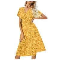 Ženske oblače čvrste V-izrez A-line srednje dužine Ležerne prilike, haljina kratkih rukava žuta m
