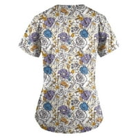 Apepal Women majica Slatka štampa s kratkim rukavima V-izrez Top radne džišne džepske pilinge