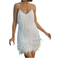 Ženska večernja haljina za zabavu, ženski modni suspender Crewneck Sequin Feather bez rukava od pune haljine za zabavu bijela XL