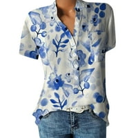 Žene ljetne vrhove kratki rukav casual bluza cvjetna žena Henley majica nebo plava m