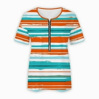 StMixi majice za žene kratki rukav V-izrez Striped Summer Summer Basic Tops Labavi fit prozračni ženski modni kvart Zip pulover Bluze narančasta