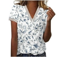 Smihono ljetne ženske grafičke majice za bluze bavi se vježbama kratkih rukava modna trendi vintage cvjetne majice čipka V izrez na plaži dnevno labavo casual baged bluza plava 18