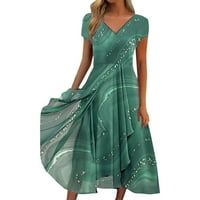 FSQJGQ Ljetne haljine haljine za žene Modni print Šifon patchwork ruffle hem dugi haljina Bohemian V izrez kratka rukava haljina zelena xl