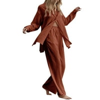 Ženske dame retro plus veličine pamučna i posteljina košulja odijelo visoki struk odijelo vrhunske hlače dugih rukava