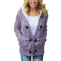 Ženski karirani kardigani gumb gore kabel pletene džemper kaput prema kaputu sa džepom, ljubičastom