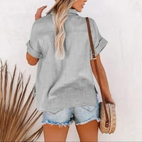 Ženski vrhovi modna majica na čvrstom gumbu ženka V izrez labava majica bluza siva l