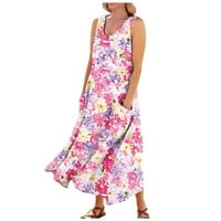 Haljine za žene za slobodno vrijeme u okruglom izgrlicu bez rukava, ljetna gležnjana dužina gležnja A-line ružičasta tiskana haljina xl