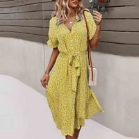 TIQKATYCK Ležerne haljine za žene, ženske haljine ljetni boho boemski casual gumb kratki rukav cvjetni print čipke up maxi plaža midi haljina ženske haljine žute