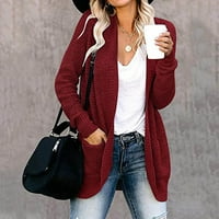 Haxmnou Ženska labava otvorena prednja dugi rukav pleteni kabl kardanji džemper sa džepovima Crveni XL