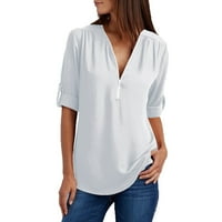 Asdoklhq ženske plus duge bluze, ženske ljetne majice s dugim rukavima Zip Casual Tunic V-izrez za bluzu V-izrez