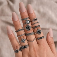 Mishuowoti srebrni prstenovi set za žene Djevojke Vintage Stack Boho prstenje za prste Legura Resona Rhinestone prstenovi Retro Geometry Ring nakit