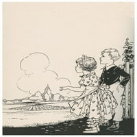 Dječak i djevojka gledaju na pejzaž na farmi i oblacima. Ploča iz knjige iz izdanja djetetovog vrta stihova. Print postera Eul A CIE