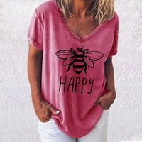 Olyvenn Smanjene majice za ženske pčele Ispis Happy Ispis kratkih rukava V izrez Loose Fit Ležerne modne ženske dame Proljeće Ljeto Plus Veličina Model Bluza Tople Myrk M