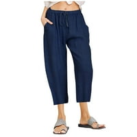 Ženski pamučni posteljina džepa kapri harem pantski čišćenje modne čvrste pantne odjeću opušteni povremeni elastični struk Comfy Trouser Navy XL
