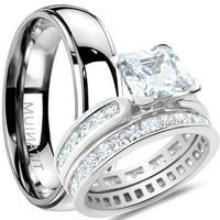 Njegovi i njezini vjenčani prstenovi podudaraju se podudarajući bendovima za njega njen srebrni titanijum