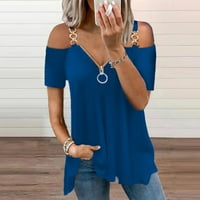 Ženski vrhovi ženski modni casual tank V-izrez patentni zatvarač s ramena od punog suspendra majica kratkih rukava plava m