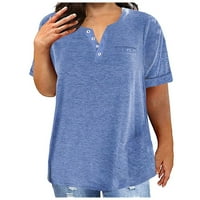 LisingTool T majice za žene Ženske vrhove V rect Dugme Modni solid Boja džep kratkih rukava Labava majica Žene vrhovi plave2