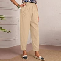 Cotonie pamučne pantalone za žene elastične struine casual pune boje ravne obrezane pantalone sa džepom