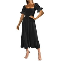 Ženska kratka rukava A-line srednje dužine modni kvadratni dekolte od pune ljetne haljine crne l