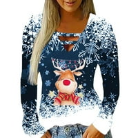 Uštede ženske božićne majice Choker V-izrez Slatka rezidera Snježna pahuljica Grafički ispis Dugim rukavima tunik bluza pulover plavi xxl