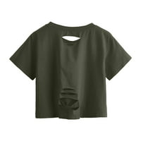 Žene ležerne kosogene duksere Trendy Ljeto kratki rukav puni boja šuplji pulover bluza Labavi redovno fit udobne majice vrhove vojske zelene s