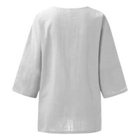 Huachen Womens Ljeto labava majica V izrez Tromjenski rukav pamučni posteljina od punog boja casual top