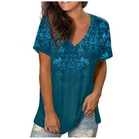 Ženski vrhovi ženske casual labave košulje V izrez kratki rukav modni tisak The majice TEE BLUE XL