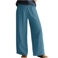 Žene Ljeto Visoko struka pamučne patlanske pantalone široke noge dugih salona za hlače sa džepom 1-plave X-vele