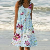Aueoeo Elegantne haljine za žene, žene ljetne casual cvjetne haljine Print Crewneck Center haljine bez rukava za zabavu Party Beach Sundress s džepovima
