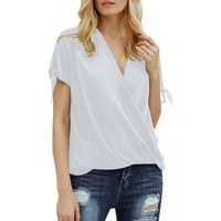 Ženski vrhovi ženski V-izrez kratki rukav, pune dame bluze Bluze ljetne majice za žene bijele m