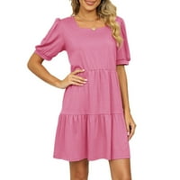 Ženske oblače žene Čvrsti kvadratni vrat kratkih rukava labava šivanja pletene haljine za žene ružičaste m