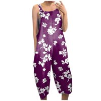 Jumpsuits za žene Ispiši labavi džep modni stil plaže Tanak suspenderi ženske ljetne vrhove ljubičaste 1x